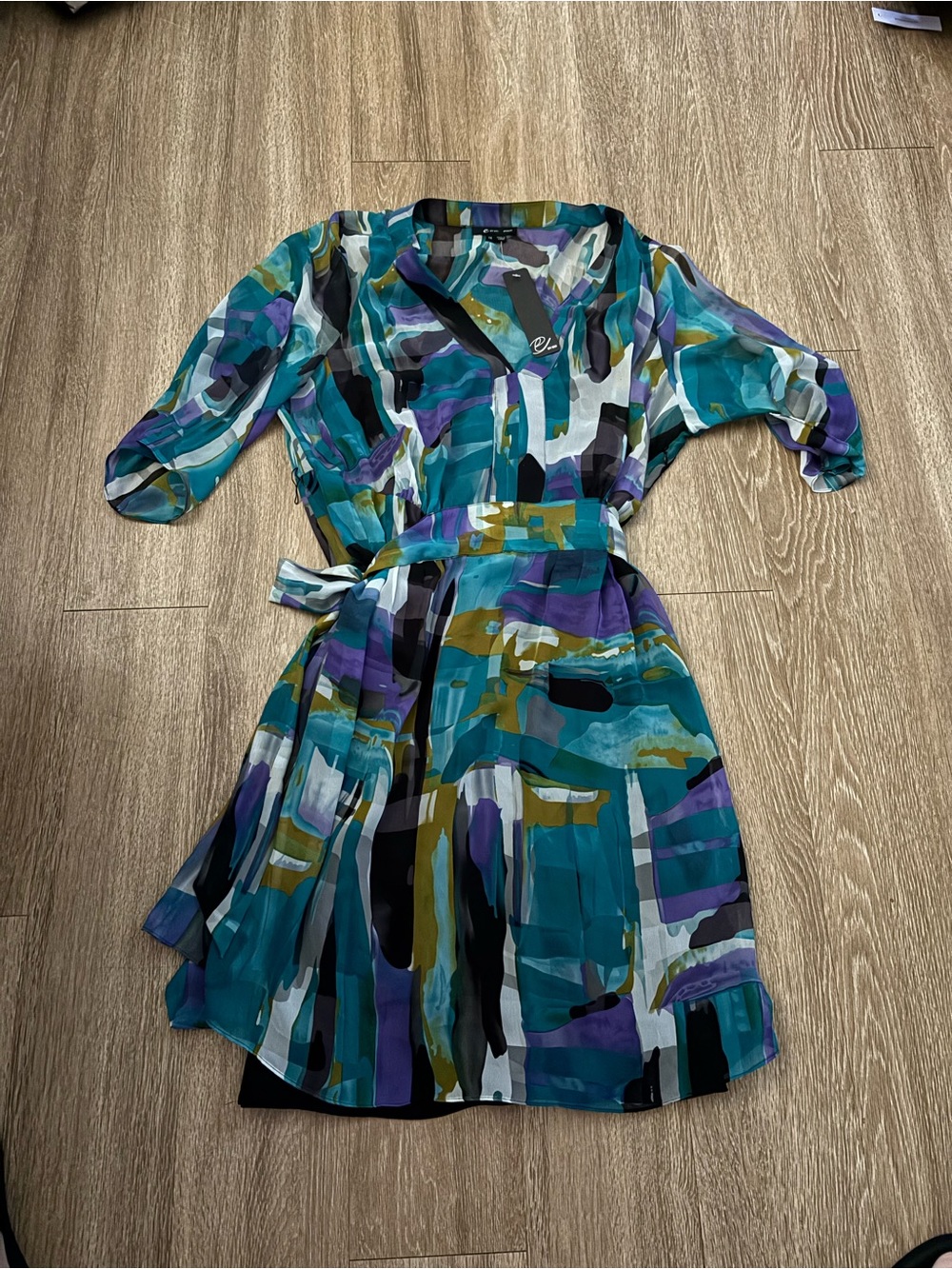 E by ECI Womens 1X Abstract Print Dress Tie Waist Lined NWT Plus Size b86